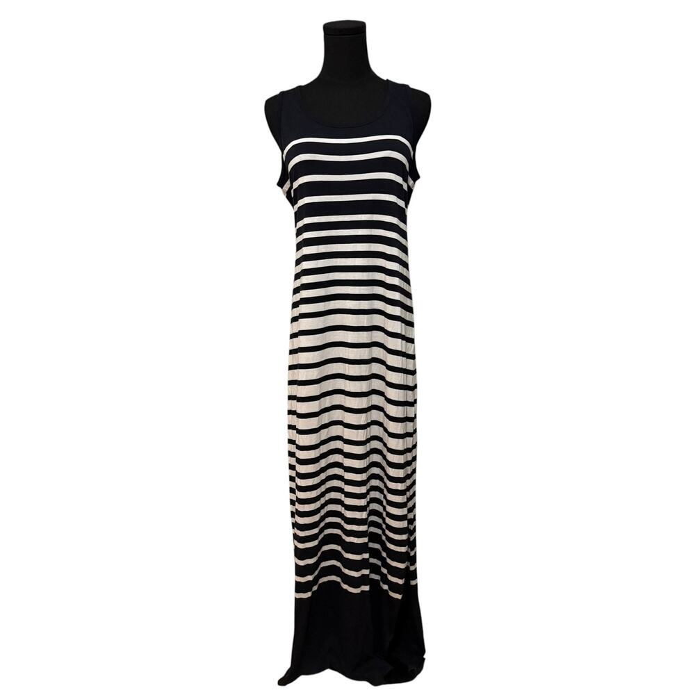 Theory Sleeveless Maxi Dress Pima Cotton Modal Stripes Navy Blue & White Medium